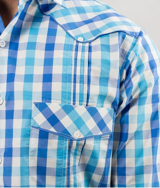 Guayabera azul de cuadros