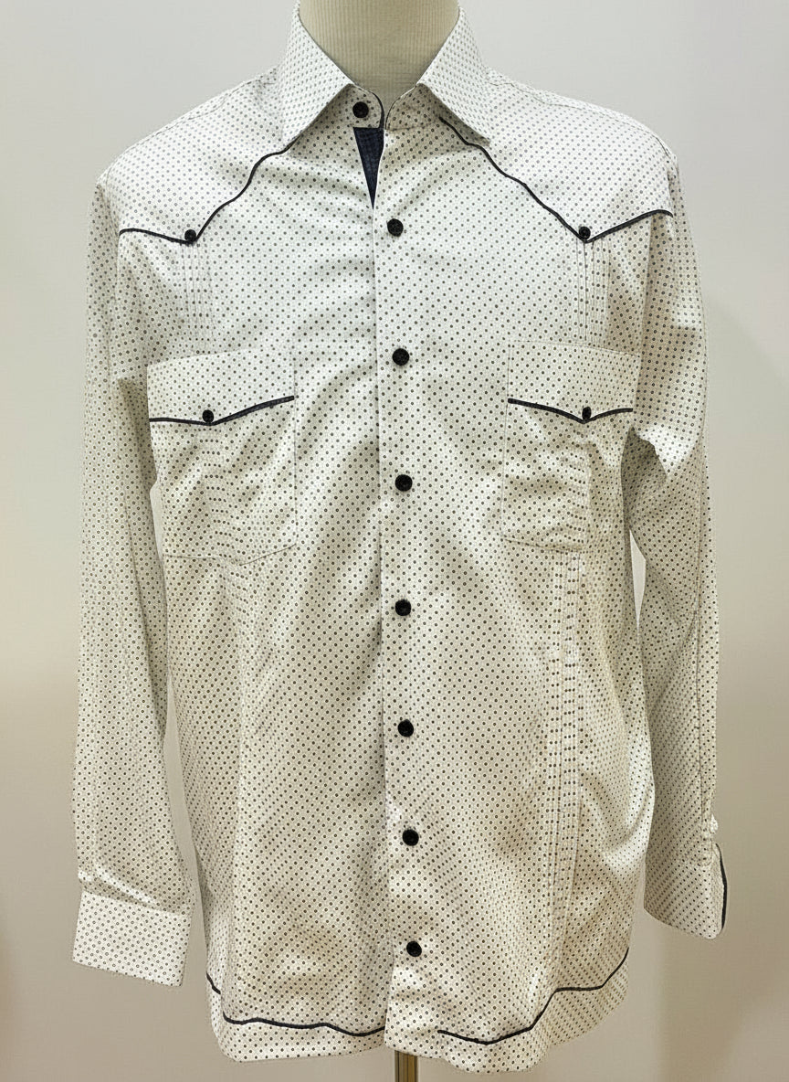 Guayabera blanca de puntos azul oscuro