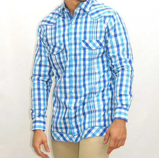 Guayabera azul de cuadros