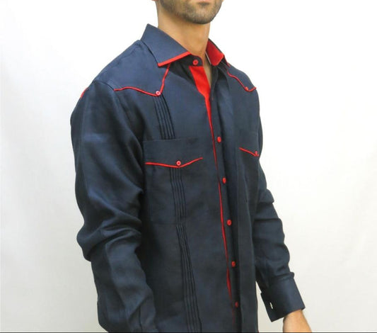 Guayabera azul oscuro con vivos rojos