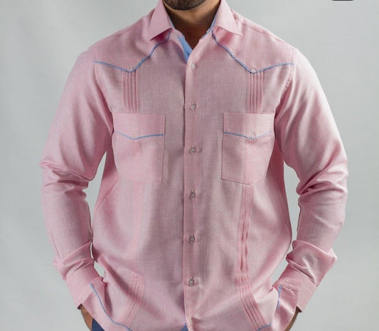 Guayabera Rosa con vivos azules