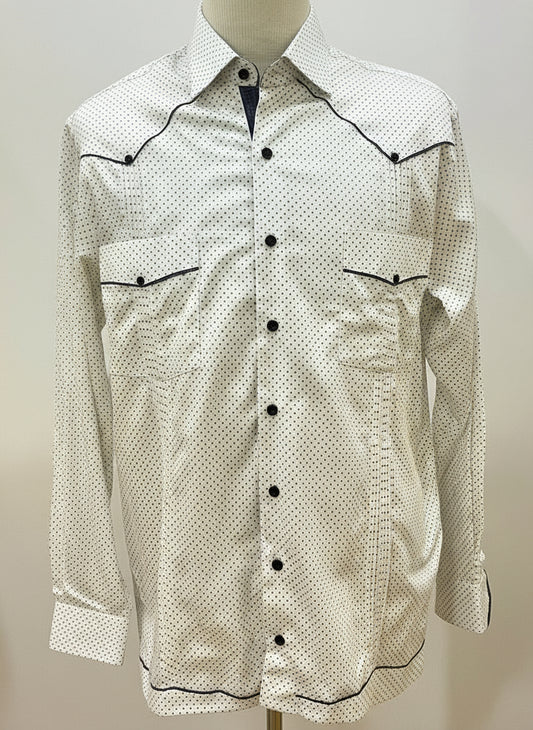 Guayabera blanca de puntos azul oscuro